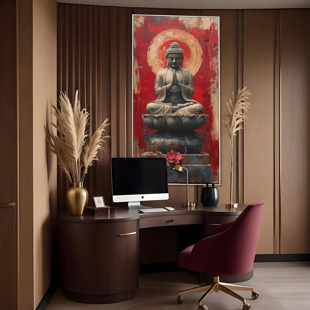 Tablou canvas cu tablou canvas cu statuie buddha pe floare de lotus, in rama de aluminiu argintiu, pe perete intr-un birou